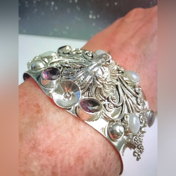 Moonstone Amethyst 925 Sterling Silver Cuff Bracelet - Picture 2 of 4